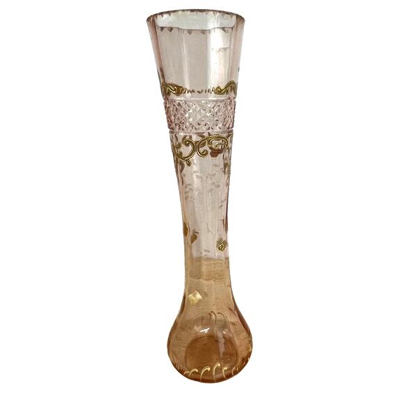 Vintage Signed Moser Art Glass Pink Vase Gold Gilt Great Condition